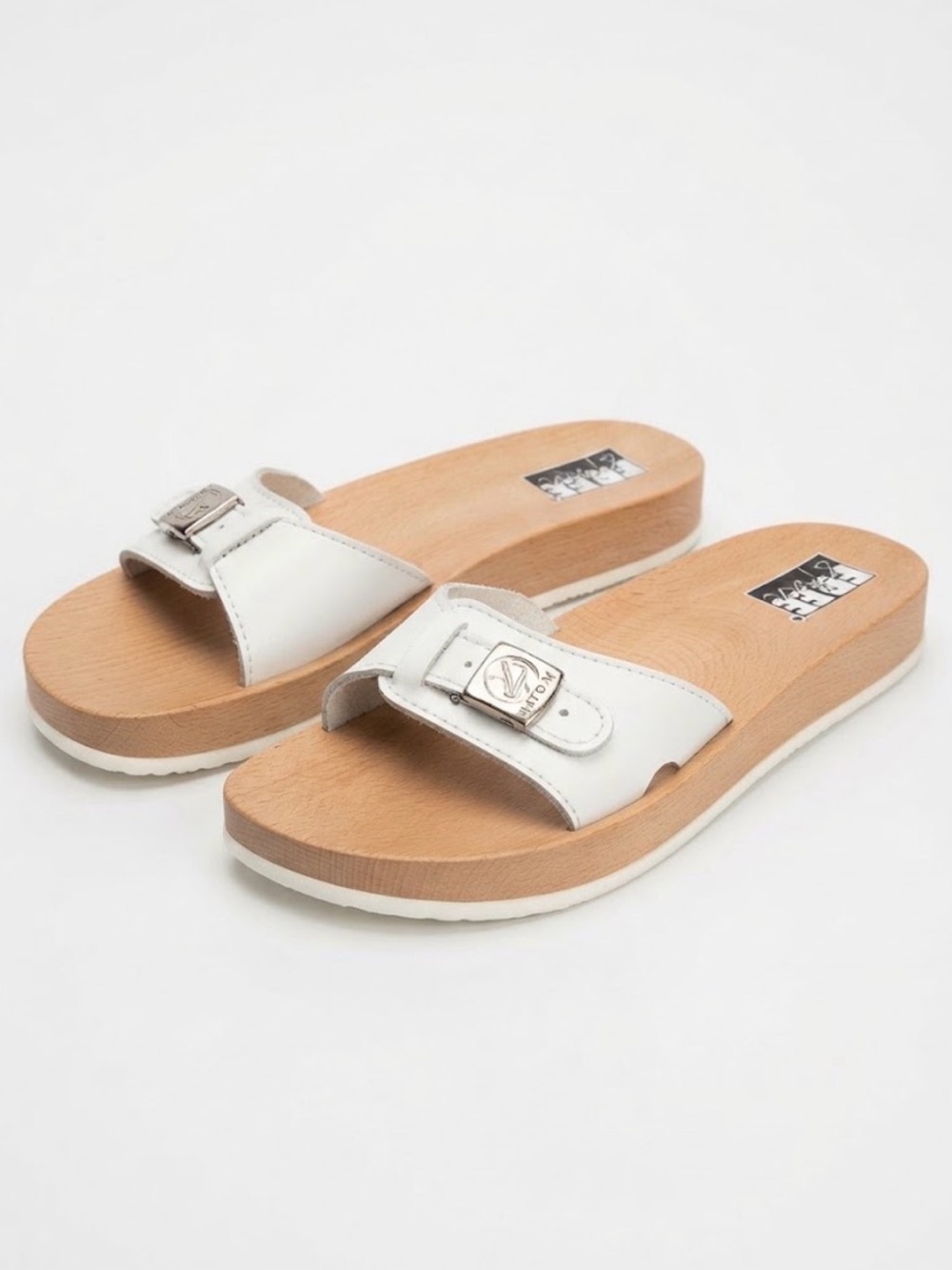 Free & Fun Italian White Wood Slide Sandals Buckle Clogs Size 39